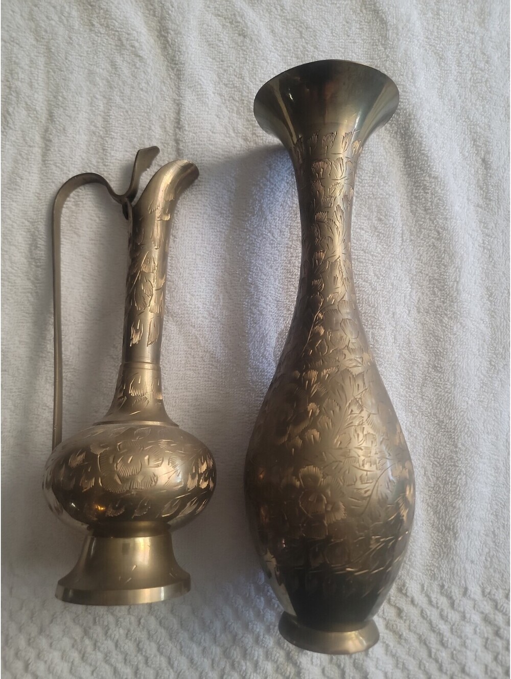 Vintage Cobra Head Brass Pitcher Vase 11" Tall Etched Leaf And Vse Lot